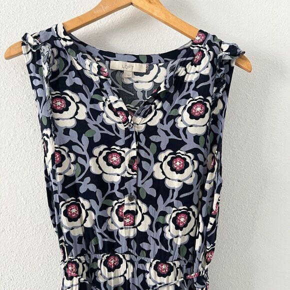 Ann Taylor Loft Floral Dress Womens Large Blue Rayon Ruffle Sleeveless Tie Waist - Picture 2 of 9